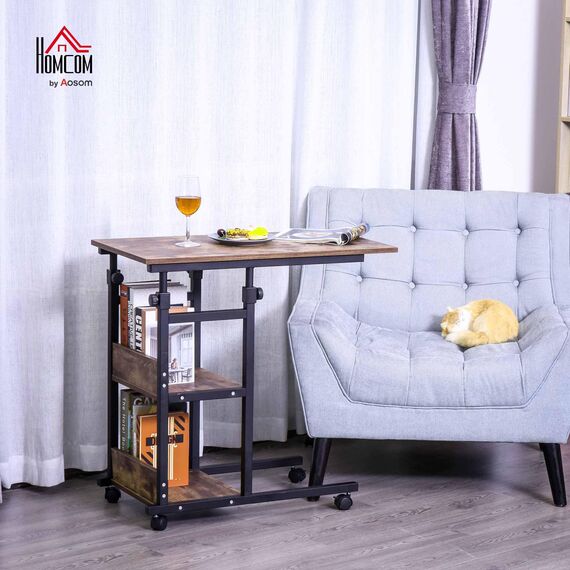 HOMCOM Beistelltisch Couchtisch mit Rollen, Höhenverstellbarer Schreibtisch mit 2 unteren Regalen, Sofatisch Laptoptisch, Betttisch, für Esszimmer Wohnzimmer, Metall, Rustikal-Braun, 80x40x72-82 cm
