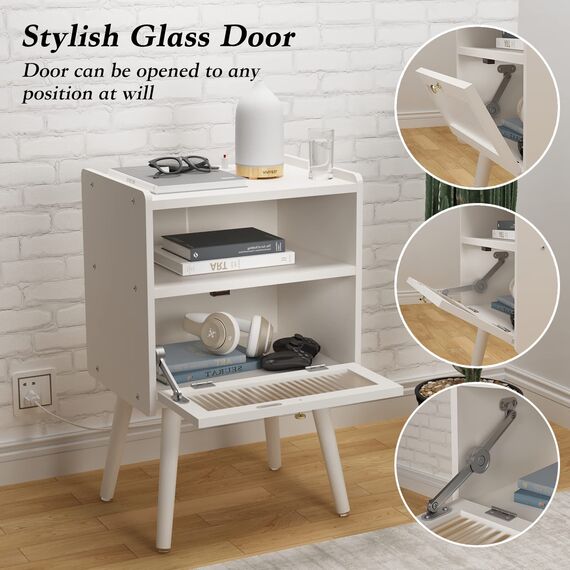 Mid Century Moderner Nachttisch mit Ladestation, Nachttische mit Glastür, Beistelltisch mit 2 Etagen Stauraum, für Schlafzimmer, Wohnzimmer, Weiß