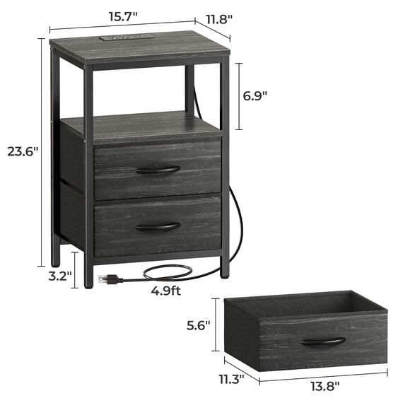 Huuger Nachttisch mit Ladestation, Stoffschubladen, Beistelltisch mit offenem Regal, Nachttisch mit USB-Anschlüssen und Steckdosen, Nachttisch für Schlafzimmer, Holzkohleschwarz Holzmaserung Druck