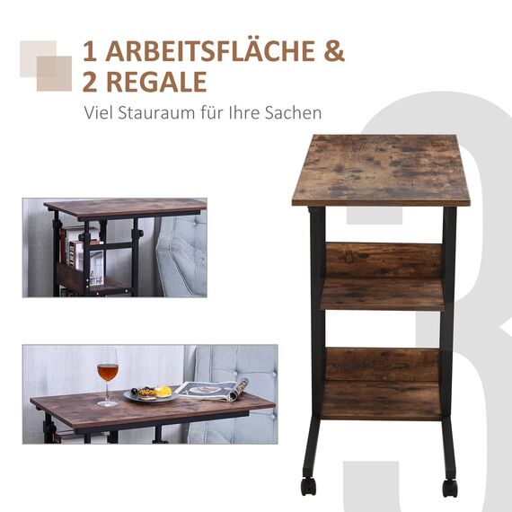 HOMCOM Beistelltisch Couchtisch mit Rollen, Höhenverstellbarer Schreibtisch mit 2 unteren Regalen, Sofatisch Laptoptisch, Betttisch, für Esszimmer Wohnzimmer, Metall, Rustikal-Braun, 80x40x72-82 cm