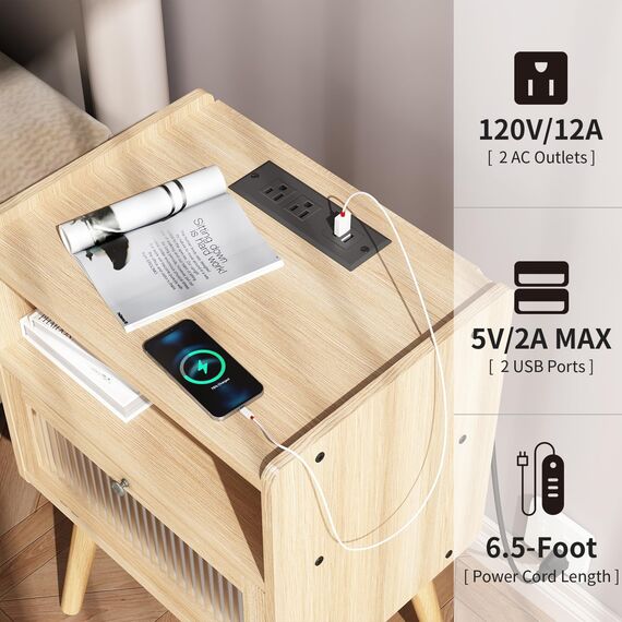 Mid Century Moderner Nachttisch mit Ladestation, Nachttische mit Glastür, Beistelltisch mit 2 Etagen Stauraum, für Schlafzimmer, Wohnzimmer, Natur