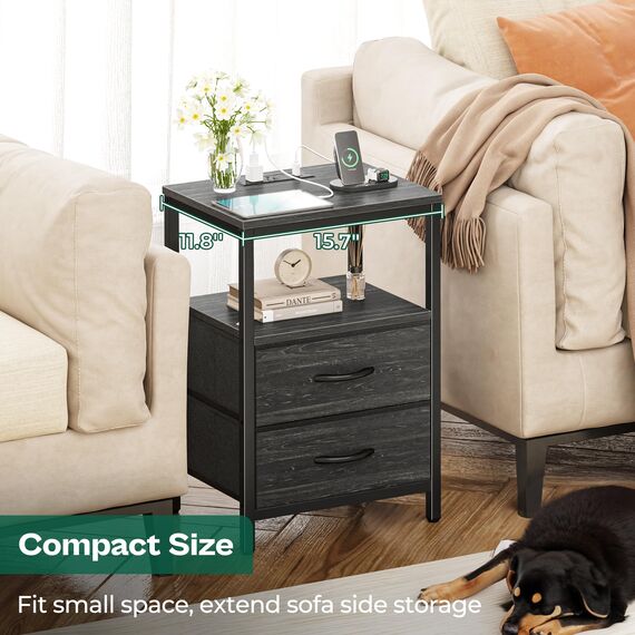 Huuger Nachttisch mit Ladestation, Stoffschubladen, Beistelltisch mit offenem Regal, Nachttisch mit USB-Anschlüssen und Steckdosen, Nachttisch für Schlafzimmer, Holzkohleschwarz Holzmaserung Druck