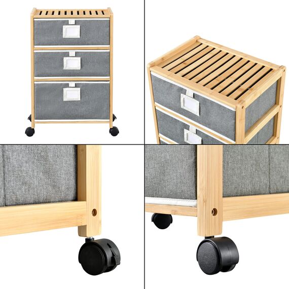 [en.casa] Bambus Beistelltisch Noorliit mit 3 Schubladen Nachttisch mit Stauraum Regal mit Körben rollbar Natur/Grau