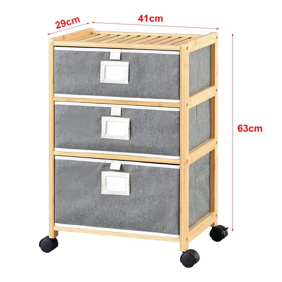 [en.casa] Bambus Beistelltisch Noorliit mit 3 Schubladen Nachttisch mit Stauraum Regal mit Körben rollbar Natur/Grau