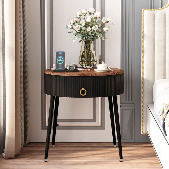 OIOG Beistelltische 2er-Set, runder Nachttisch mit Schublade, moderner Nachttisch für kleinen Raum, Wohnzimmer, Schlafzimmer, Büro, Wohnheim, rustikales Braun und Schwarz