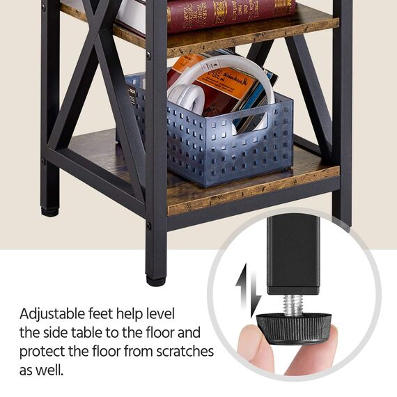 Yaheetech Nachttisch Beistelltisch mit 3 Holzablagen Stabiles X-Form Couchtisch Sofatisch Industrie-Design Nachttisch für Schlafzimmer/Wohnzimmer Vintage, Dunkelbraun