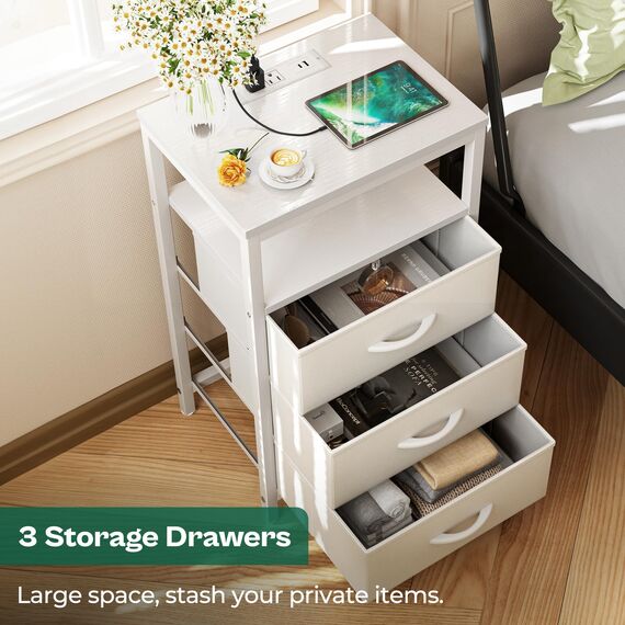 Huuger Nachttisch mit Ladestation, 27,6 Zoll Beistelltisch mit Schubladen, PU-Leder-Finish, Beistelltisch Nachttisch mit USB-Anschlüssen und Steckdosen, Weiß