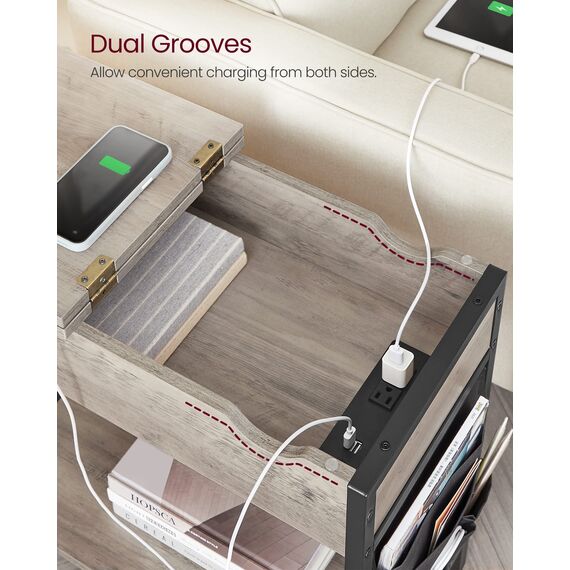 VASAGLE Beistelltisch mit Stauraum, Beistelltisch mit USB-Anschlüssen und Ausgängen, Nachttisch mit Ladestation, Stofftaschen, für Wohnzimmer, Schlafzimmer, Greige und Schwarz ULET310B02