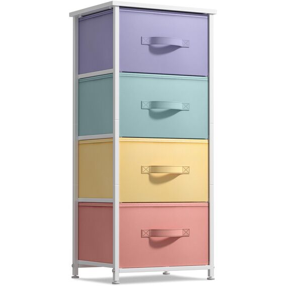 Sorbus Nachttisch mit 4 Schubladen – Nachttisch & Akzent Beistelltisch Truhe für Zuhause, Schlafzimmer, Büro, Studentenwohnheim, Stahlrahmen, Holzplatte, Stoffkörbe (4 Schubladen, Pastellfarben/Weiß)