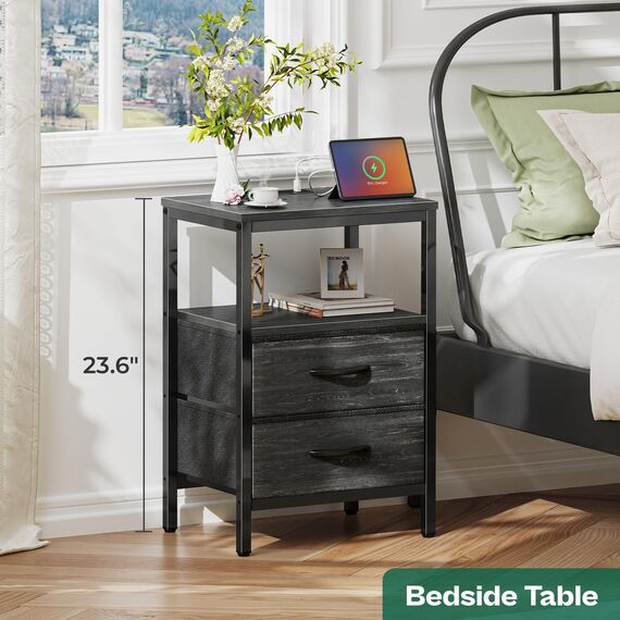Huuger Nachttisch mit Ladestation, Stoffschubladen, Beistelltisch mit offenem Regal, Nachttisch mit USB-Anschlüssen und Steckdosen, Nachttisch für Schlafzimmer, Holzkohleschwarz Holzmaserung Druck