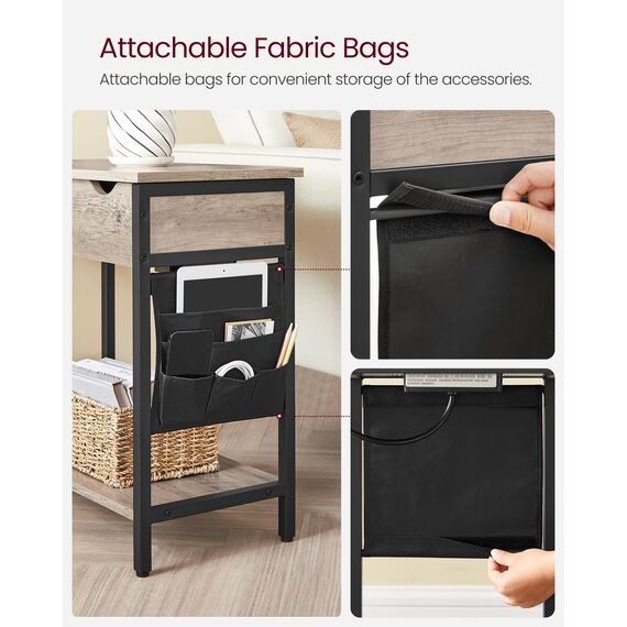 VASAGLE Beistelltisch mit Stauraum, Beistelltisch mit USB-Anschlüssen und Ausgängen, Nachttisch mit Ladestation, Stofftaschen, für Wohnzimmer, Schlafzimmer, Greige und Schwarz ULET310B02