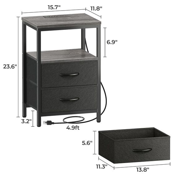Huuger Nachttisch mit Ladestation, Beistelltisch mit Stoffschubladen, Beistelltisch mit offenem Regal, Nachttisch mit USB-Anschlüssen und Steckdosen, Nachttisch für Schlafzimmer, Anthrazit