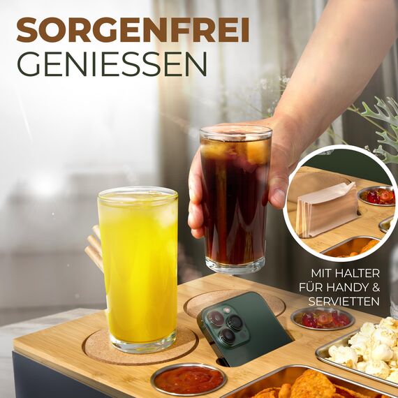 Cascalino's® Couchbar Snackbox mit 2+2 Snackschalen aus Edelstahl - Sofatablett aus Holz | Sofa Organizer mit Getränkehalter | Couch Tablett Holz, Couch bar, Sofa Butler, Couch Organizer, Tablett