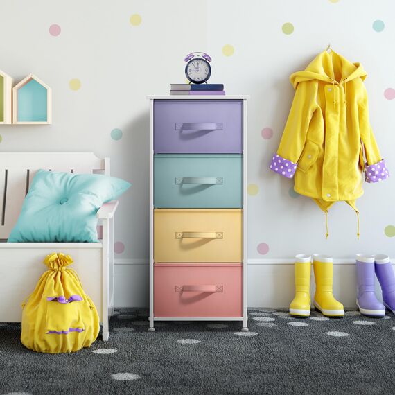 Sorbus Nachttisch mit 4 Schubladen – Nachttisch & Akzent Beistelltisch Truhe für Zuhause, Schlafzimmer, Büro, Studentenwohnheim, Stahlrahmen, Holzplatte, Stoffkörbe (4 Schubladen, Pastellfarben/Weiß)