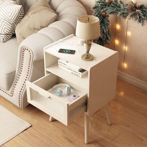 Mid Century Moderner Nachttisch mit Ladestation, Nachttische mit Glasschublade, Beistelltisch mit 2 Etagen Stauraum, für Schlafzimmer, Wohnzimmer, Weiß