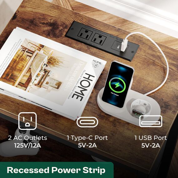 Huuger Nachttisch mit Ladestation, 27,6 Zoll Nachttisch mit Stoffschubladen, Beistelltisch mit USB-Anschlüssen und Steckdosen, Nachttisch für Schlafzimmer, Rustikales Braun