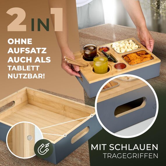 Cascalino's® Couchbar Snackbox mit 2+2 Snackschalen aus Edelstahl - Sofatablett aus Holz | Sofa Organizer mit Getränkehalter | Couch Tablett Holz, Couch bar, Sofa Butler, Couch Organizer, Tablett