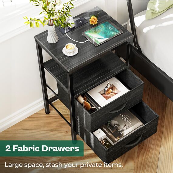 Huuger Nachttisch mit Ladestation, Stoffschubladen, Beistelltisch mit offenem Regal, Nachttisch mit USB-Anschlüssen und Steckdosen, Nachttisch für Schlafzimmer, Holzkohleschwarz Holzmaserung Druck