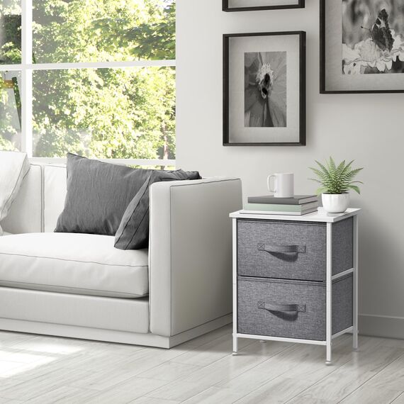 Sorbus Nachttisch mit 2 Schubladen – Nachttisch Möbel & Nachttisch Beistelltisch Kommode für Zuhause, Schlafzimmerzubehör, Büro, Holzplatte, leicht zu ziehende Stoffkörbe (weiß/grau)