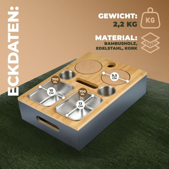 Cascalino's® Couchbar Snackbox mit 2+2 Snackschalen aus Edelstahl - Sofatablett aus Holz | Sofa Organizer mit Getränkehalter | Couch Tablett Holz, Couch bar, Sofa Butler, Couch Organizer, Tablett