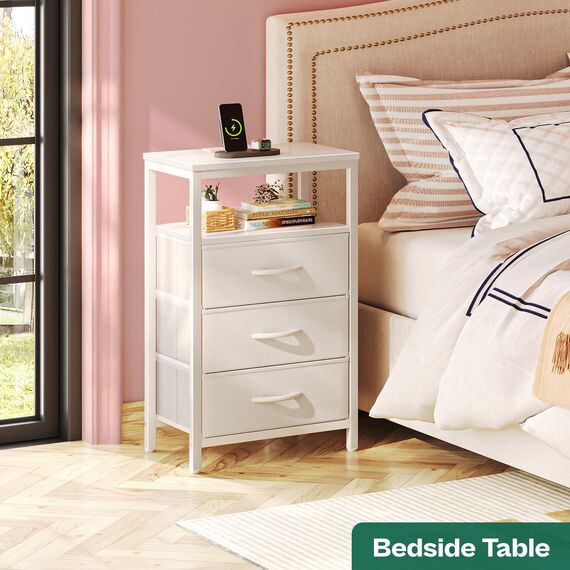 Huuger Nachttisch mit Ladestation, 27,6 Zoll Beistelltisch mit Schubladen, PU-Leder-Finish, Beistelltisch Nachttisch mit USB-Anschlüssen und Steckdosen, Weiß