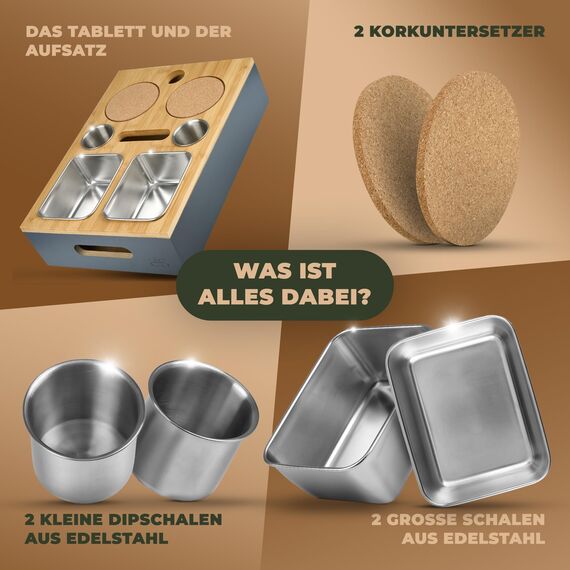 Cascalino's® Couchbar Snackbox mit 2+2 Snackschalen aus Edelstahl - Sofatablett aus Holz | Sofa Organizer mit Getränkehalter | Couch Tablett Holz, Couch bar, Sofa Butler, Couch Organizer, Tablett