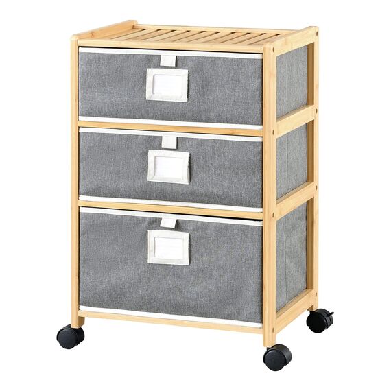 [en.casa] Bambus Beistelltisch Noorliit mit 3 Schubladen Nachttisch mit Stauraum Regal mit Körben rollbar Natur/Grau