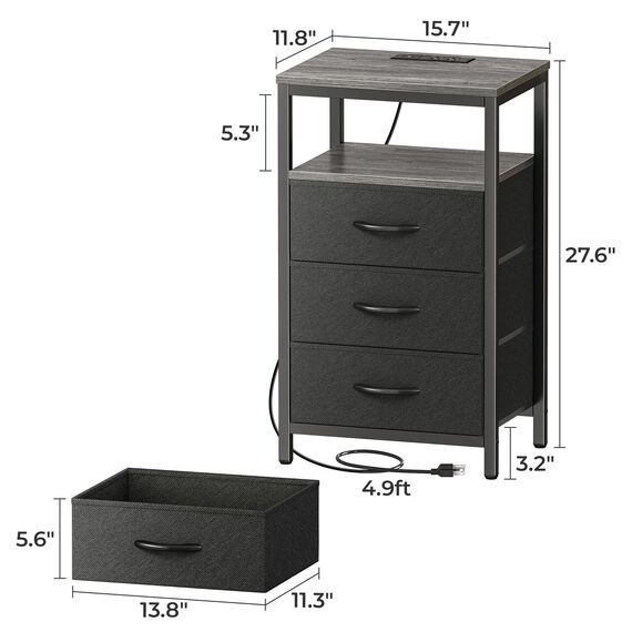 Huuger Nachttisch mit Ladestation, 27,6 Zoll Beistelltisch Nachttisch mit USB-Anschlüssen und Steckdosen, Stoffschubladen, Nachttisch für Schlafzimmer, Anthrazit