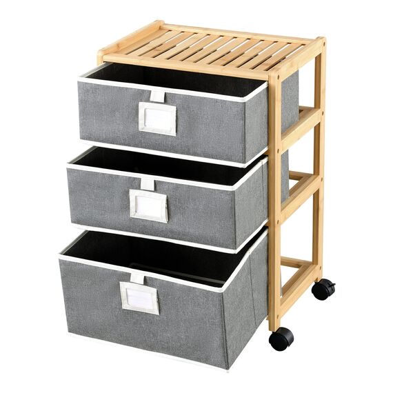[en.casa] Bambus Beistelltisch Noorliit mit 3 Schubladen Nachttisch mit Stauraum Regal mit Körben rollbar Natur/Grau