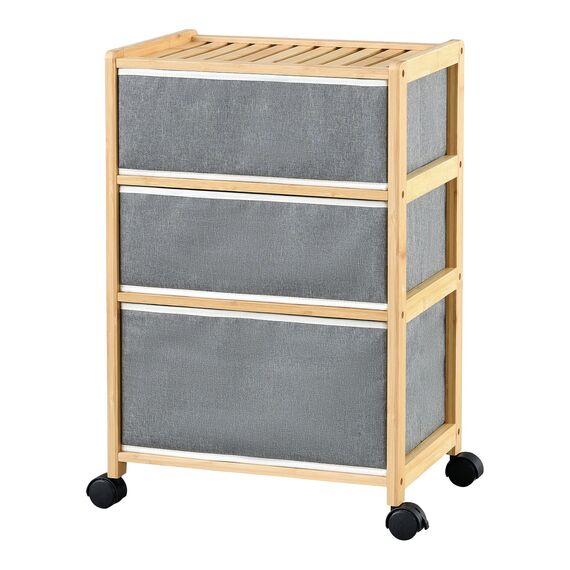 [en.casa] Bambus Beistelltisch Noorliit mit 3 Schubladen Nachttisch mit Stauraum Regal mit Körben rollbar Natur/Grau