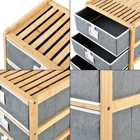 [en.casa] Bambus Beistelltisch Noorliit mit 3 Schubladen Nachttisch mit Stauraum Regal mit Körben rollbar Natur/Grau