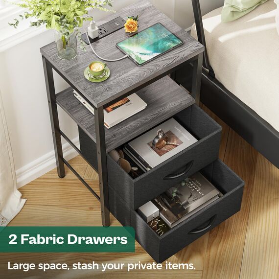 Huuger Nachttisch mit Ladestation, Beistelltisch mit Stoffschubladen, Beistelltisch mit offenem Regal, Nachttisch mit USB-Anschlüssen und Steckdosen, Nachttisch für Schlafzimmer, Anthrazit