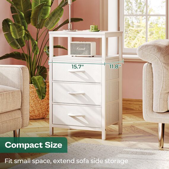 Huuger Nachttisch mit Ladestation, 27,6 Zoll Beistelltisch mit Schubladen, PU-Leder-Finish, Beistelltisch Nachttisch mit USB-Anschlüssen und Steckdosen, Weiß