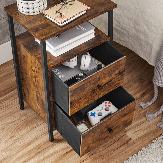 VASAGLE Nachttisch, Beistelltisch, mit 2 Schubladen, für Schlafzimmer, Wohnzimmer, Industrie-Design, vintagebraun-schwarz LET521B01