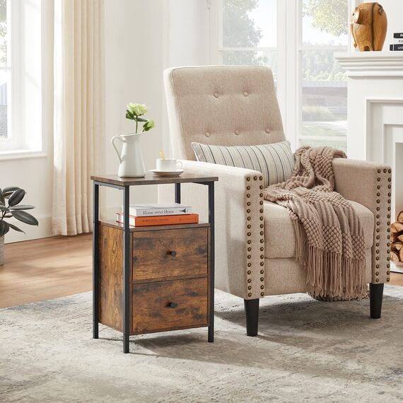 VASAGLE Nachttisch, Beistelltisch, mit 2 Schubladen, für Schlafzimmer, Wohnzimmer, Industrie-Design, vintagebraun-schwarz LET521B01