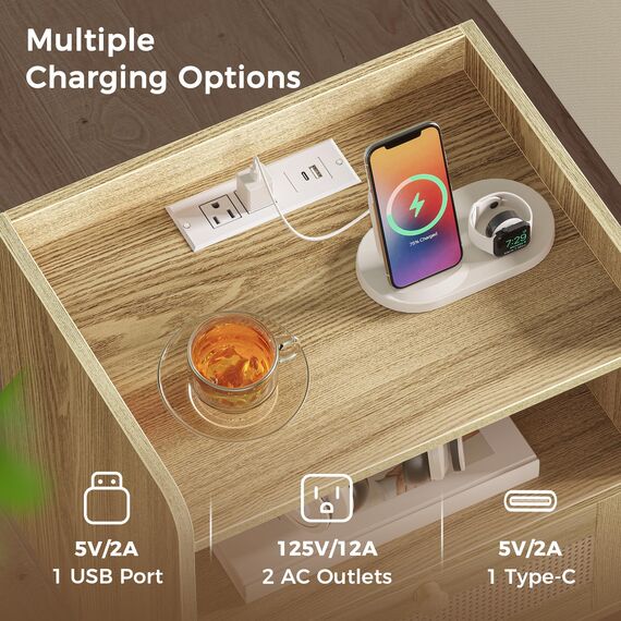 SUPERJARE Nachttisch mit Ladestation & Rattanähnlicher Deko-Schublade, Rattan-Beistelltisch mit Massivholzfüßen, Bett-Beistelltisch mit offenem Stauraum, für Schlafzimmer, Schlafsaal,Natur