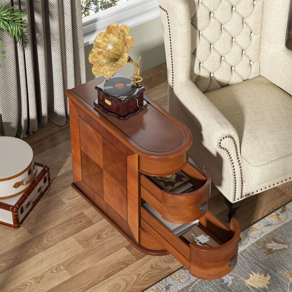 Tribesigns Beistelltisch aus Massivholz, Sofatisch mit 2 Schubladen, Schmaler Nachttisch, Couchtische, Sofa-Beistelltisch für Wohnzimmer, Schlafzimmer, Keine Montage erforderlich, Walnuss