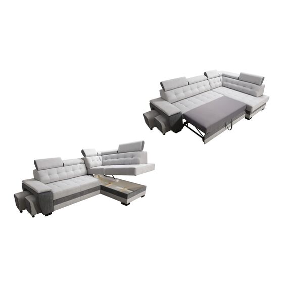Robin Grand Ecksofa mit Schlaffunktion Bettkasten Kopfstützen Relaxfunktion 2 Hocker Sofa L-Form Schlafsofa Freistehende Eckcouch Schlafcouch Wohnzimmermöbel Wohnlandschaft Rechts Silver Anthracite