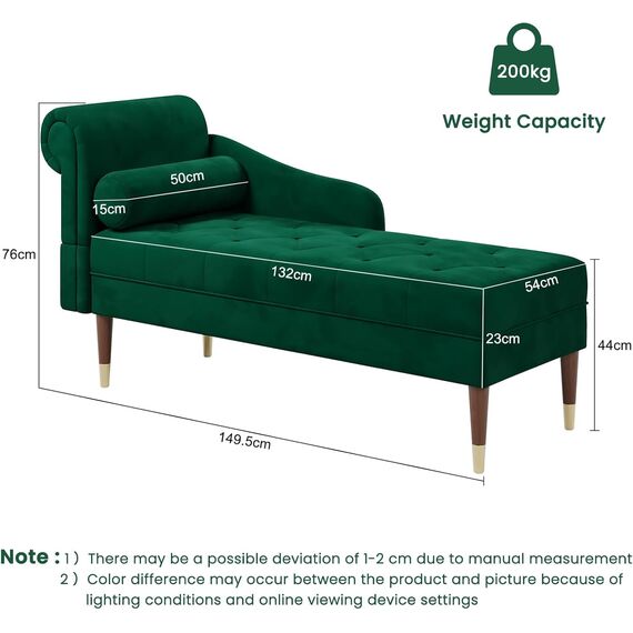 Vesgantti Velvet Chaiselongue, Indoor Lounge Sofa mit linker Armlehne und Lendenkissen, Recamiere für Wohnzimmer, Schlafzimmer und Büro, Samt Loungesessel 149.5 x 54 x 76CM