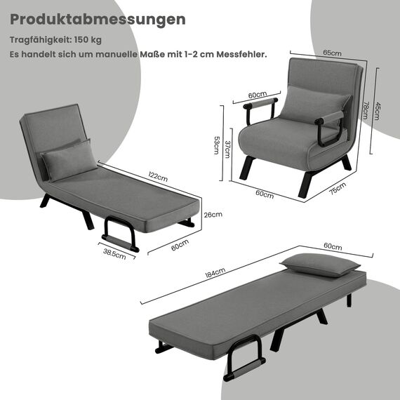 WOLTU Schlafsessel 3 in 1 mit bettfunktion, Gästebettfür, Schlafsofa mit Bettfunktion, Verstellbarer Rückenlehne, Wohnzimmer, Schlafzimmer, Balkon, Metallrahmen Leinen, 65 x 75 x 78cm, Dunkelgrau