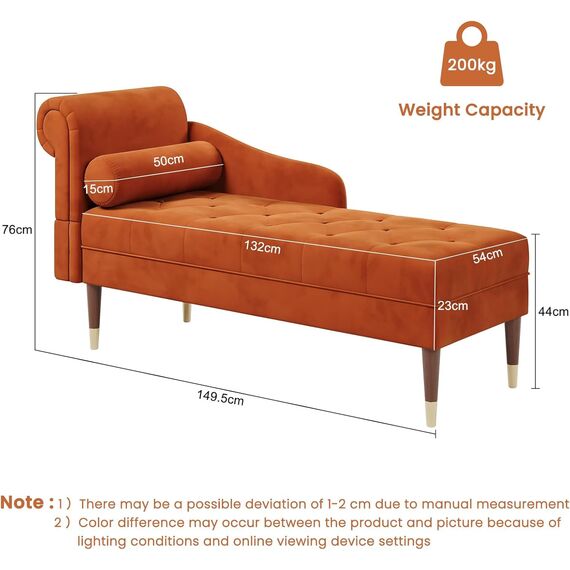Vesgantti Velvet Chaiselongue, Indoor Lounge Sofa mit linker Armlehne und Lendenkissen, Recamiere für Wohnzimmer, Schlafzimmer und Büro, Samt Loungesessel 149.5 x 54 x 76CM