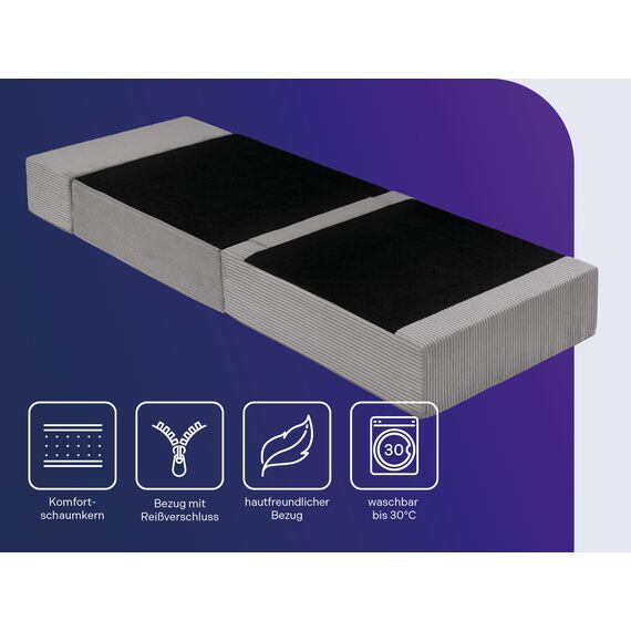 Traumnacht Sessel/Gästematratze mit Bezug aus grauem Cord-Gewebe, Bezug abnehmbar, waschbar, Liegefläche 70x200, produziert nach deutschem Qualitätsstandard