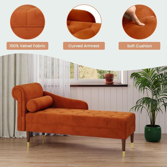 Vesgantti Velvet Chaiselongue, Indoor Lounge Sofa mit linker Armlehne und Lendenkissen, Recamiere für Wohnzimmer, Schlafzimmer und Büro, Samt Loungesessel 149.5 x 54 x 76CM