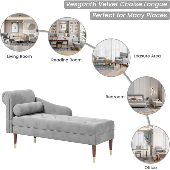 Vesgantti Velvet Chaiselongue, Indoor Lounge Sofa mit linker Armlehne und Lendenkissen, Recamiere für Wohnzimmer, Schlafzimmer und Büro, Samt Loungesessel 149.5 x 54 x 76CM