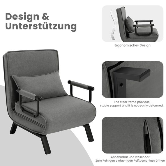 WOLTU Schlafsessel 3 in 1 mit bettfunktion, Gästebettfür, Schlafsofa mit Bettfunktion, Verstellbarer Rückenlehne, Wohnzimmer, Schlafzimmer, Balkon, Metallrahmen Leinen, 65 x 75 x 78cm, Dunkelgrau