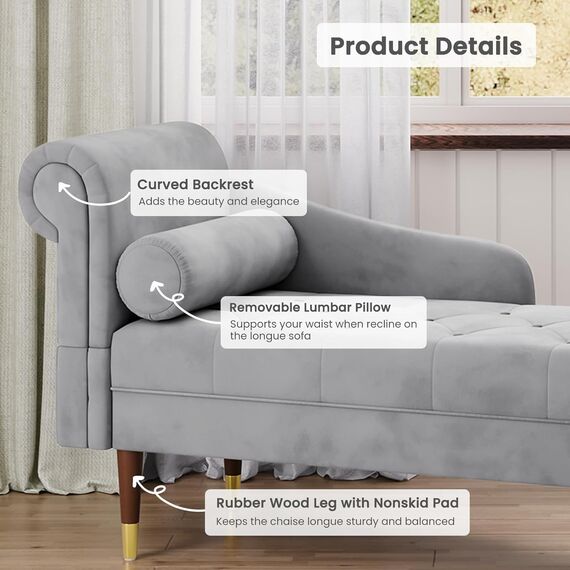 Vesgantti Velvet Chaiselongue, Indoor Lounge Sofa mit linker Armlehne und Lendenkissen, Recamiere für Wohnzimmer, Schlafzimmer und Büro, Samt Loungesessel 149.5 x 54 x 76CM