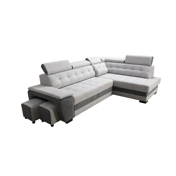 Robin Grand Ecksofa mit Schlaffunktion Bettkasten Kopfstützen Relaxfunktion 2 Hocker Sofa L-Form Schlafsofa Freistehende Eckcouch Schlafcouch Wohnzimmermöbel Wohnlandschaft Rechts Silver Anthracite