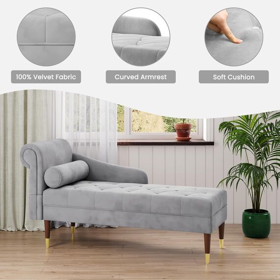 Vesgantti Velvet Chaiselongue, Indoor Lounge Sofa mit linker Armlehne und Lendenkissen, Recamiere für Wohnzimmer, Schlafzimmer und Büro, Samt Loungesessel 149.5 x 54 x 76CM