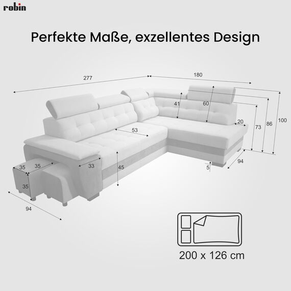 Robin Inspire Grand Ecksofa mit Schlaffunktion Bettkasten Kopfstützen Relaxfunktion 2 Hocker Sofa L-Form Schlafsofa Freistehende Eckcouch Schlafcouch Wohnzimmermöbel Wohnlandschaft Links Silber