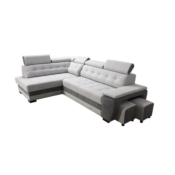 Robin Grand Ecksofa mit Schlaffunktion Bettkasten Kopfstützen Relaxfunktion 2 Hocker Sofa L-Form Schlafsofa Freistehende Eckcouch Schlafcouch Wohnzimmermöbel Wohnlandschaft Links Silver Anthracite